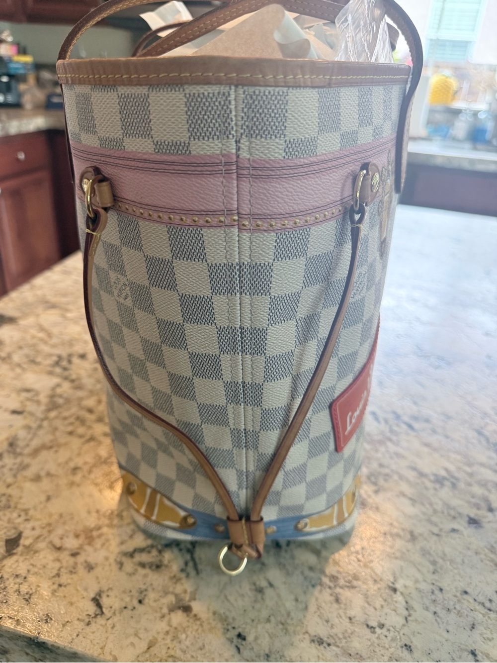 Louis Vuitton Cream Damier Tote with Pink & Light Blue Accents - Picture 4 of 9